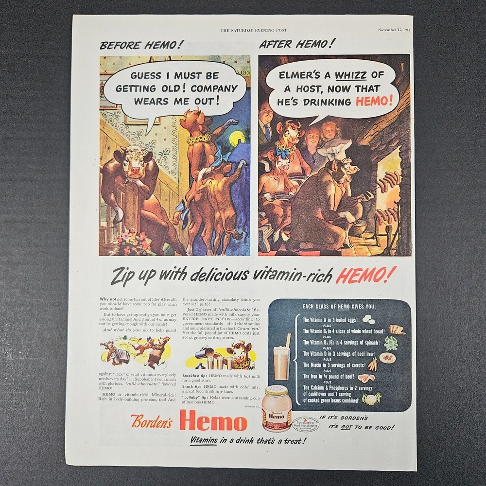 1945 Borden's Hemo Vitamin-Rich Drink Vintage‎ Print Ad Anthropomorphic Cows
